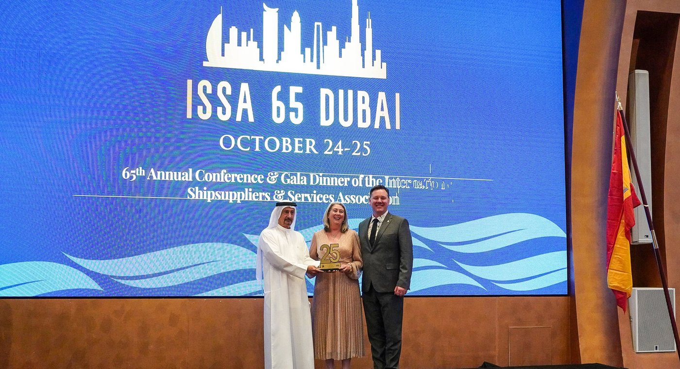 NZ Ship Supplies representatives on stage at the ISSA 65 Dubai gala dinner, marking 25+ years of ISSA membership